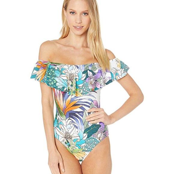 NWT TRINA TURK Off Shoulder Multi Floral One Piece Swimsuit | 4 - Picture 1 of 8